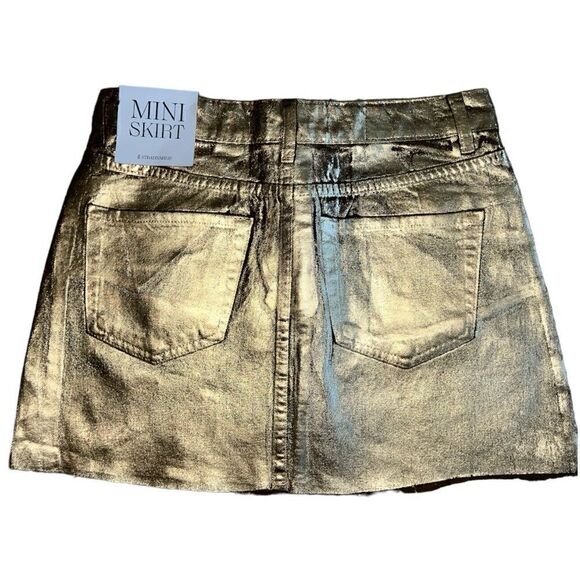 STRADIVARIUS Coated Mini Skirt Cotton In Gold Color Size 4. - Picture 3 of 9